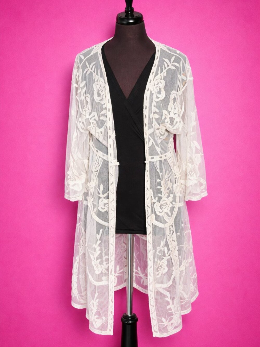 Sheer Floral Lace Kimono Robe - White